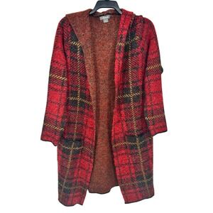 Naturals Reflections Womens 1X Red Plaid Long Hooded Cardigan Sweater - CJ